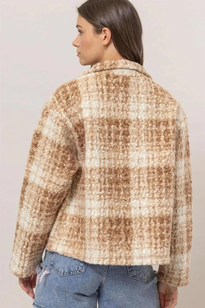 HYFVE Plaid Collared Neck Boucle Jacket with Pockets - Love Salve